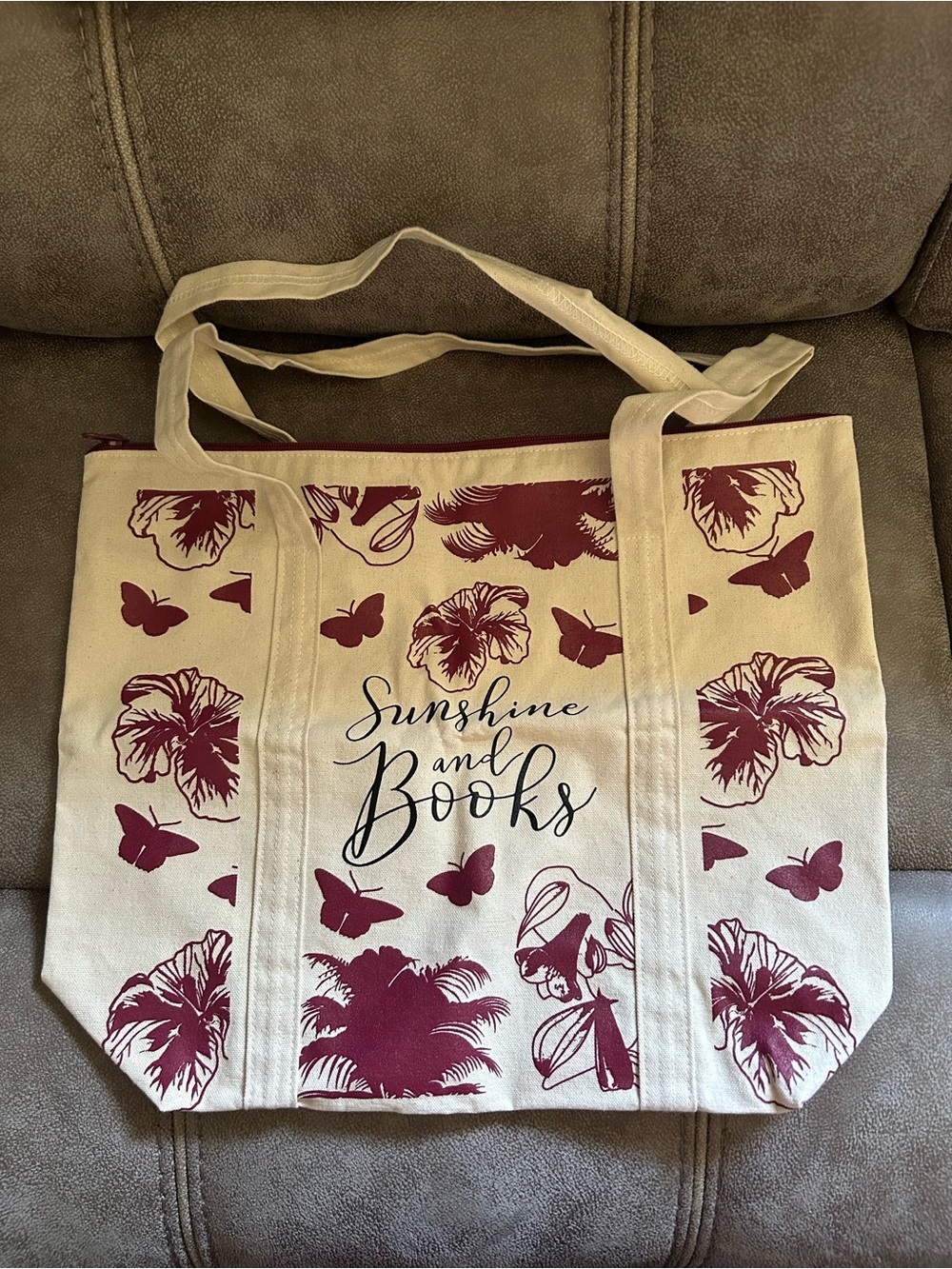 Canvas Tote Bag - Cream with Burgundy Floral Print